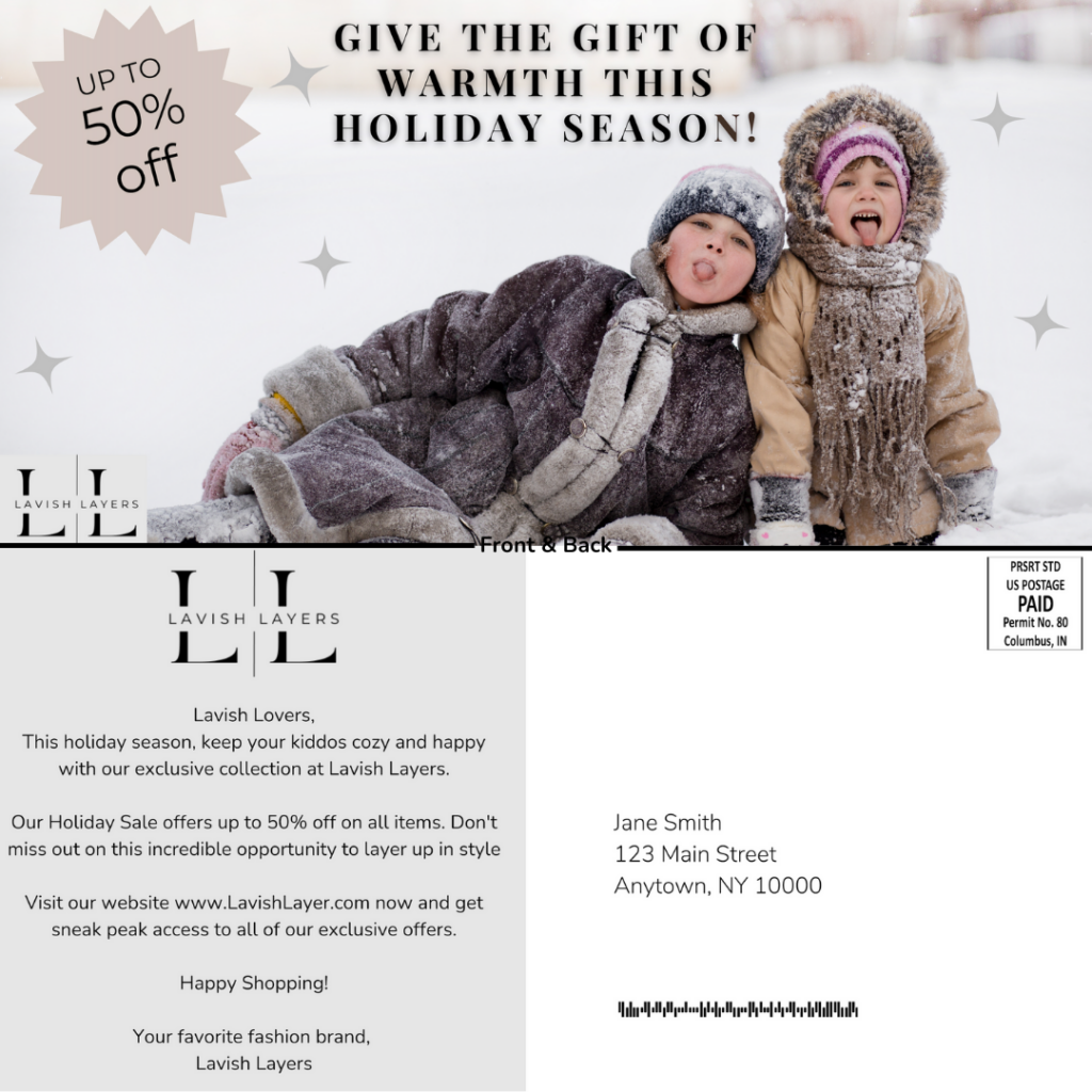 Example Mail Piece: Lavish Layers Holiday Sale Families with Children Segment 